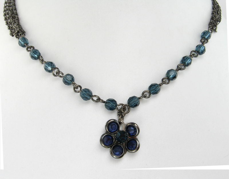 Necklace - Multi Chain with Cryst Petal  - Blue