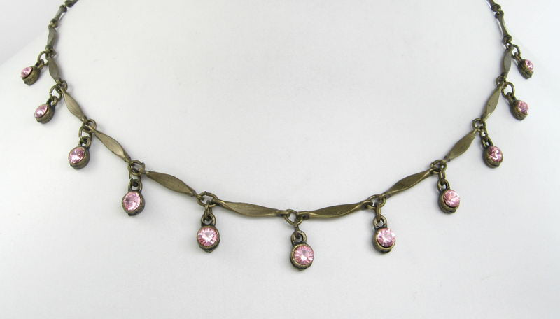 Necklace Brass Pink Multi Drop