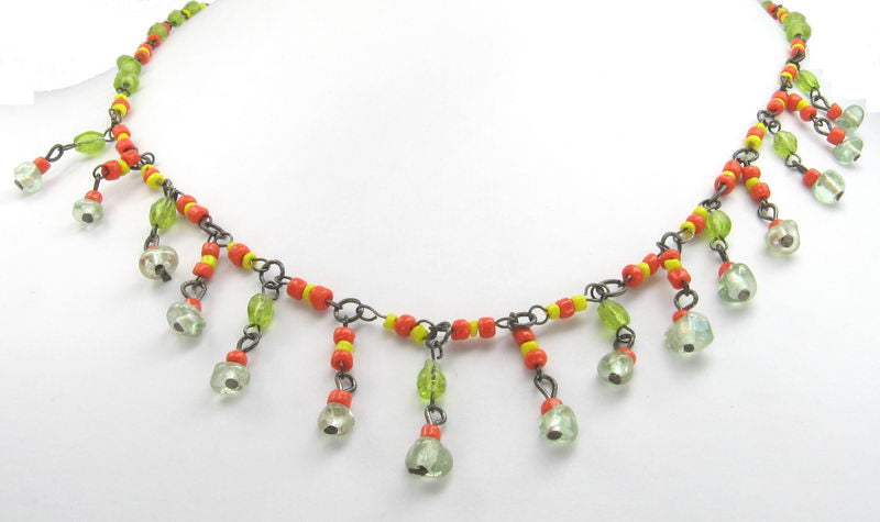 Necklace Yellow.Orange W Green Beaded