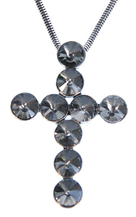 Necklace - 24in Grey Crystal Cross - Grey