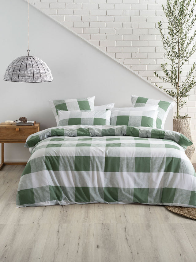 Alec King Duvet Cover Set in Moss, 100% cotton, check pattern, includes pillowcases, perfect for modern bedrooms.