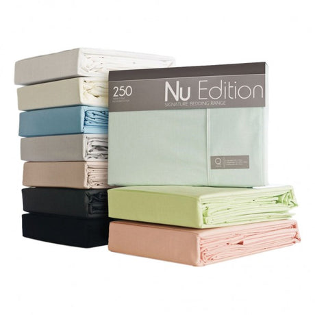 King Single Black Sheet Set, 250TC poly/cotton, includes flat sheet, fitted sheet, and pillowcase with stylish piped details.