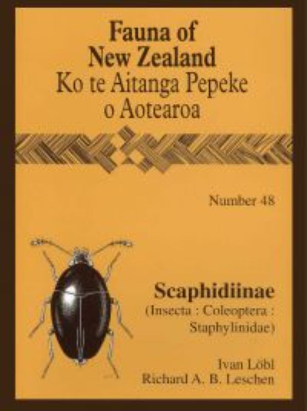 FAUNA 48 - SCAPHIDIINAE book cover featuring detailed illustrations of New Zealand's endemic Scaphidiine beetles.