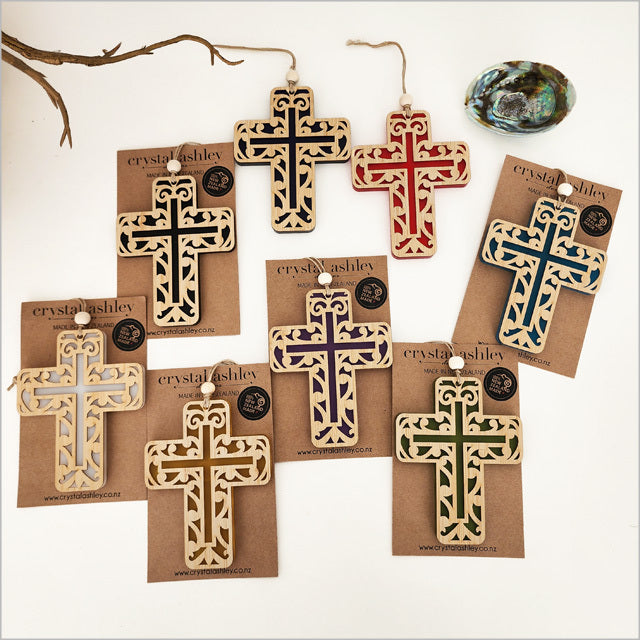 Hanging Ornament - Cross 10 Kowhaiwhai 1 (Red Satin Acrylic)