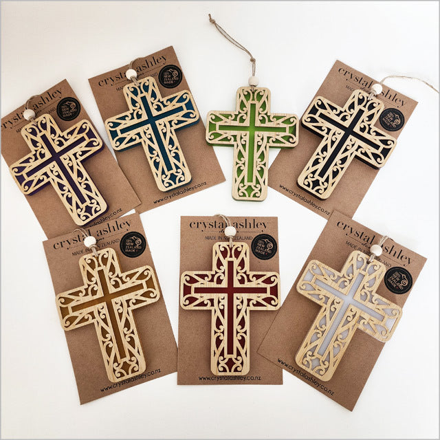 Hanging Ornament - Cross 11 Kowhaiwhai 2 (Lime Green Satin Acrylic)
