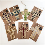 Hanging Ornament - Cross 11 Kowhaiwhai 2 (Lime Green Satin Acrylic)