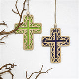 Hanging Ornament - Cross 11 Kowhaiwhai 2 (Lime Green Satin Acrylic)
