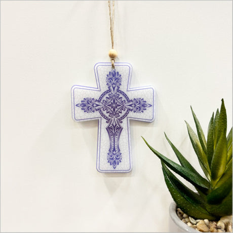 Elegant cross ornament in 6mm thick satin acrylic with intricate laser-cut design, perfect for holiday decor or gifts.