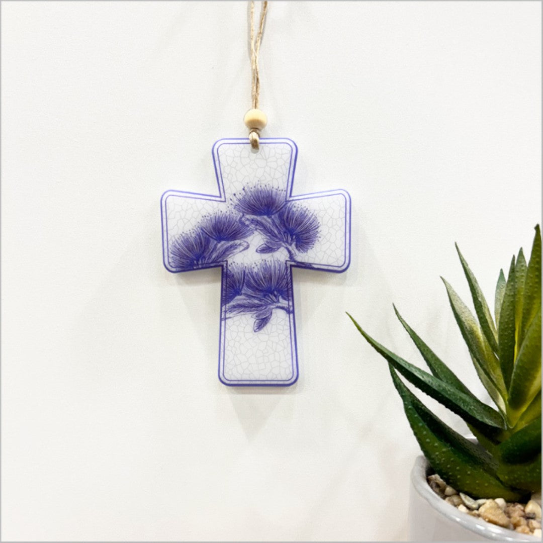 Elegant Pohutukawa cross hanging ornament, 6mm satin acrylic, perfect for holiday decor or thoughtful gifting.