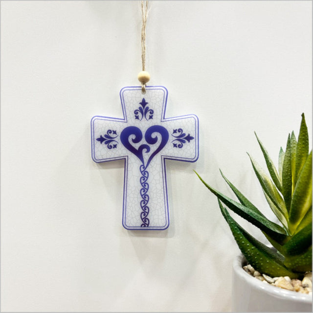 Elegant printed cross ornament in heart design, crafted from thick satin acrylic, ready to hang for home decor.