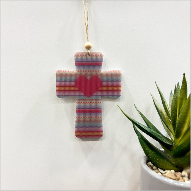 Elegant red heart cross ornament in satin acrylic, perfect for holiday decor and thoughtful gifts.