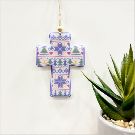 Exquisite 8-inch printed cross ornament in satin acrylic, beautifully laser cut for Christmas decor and heartfelt gifting.