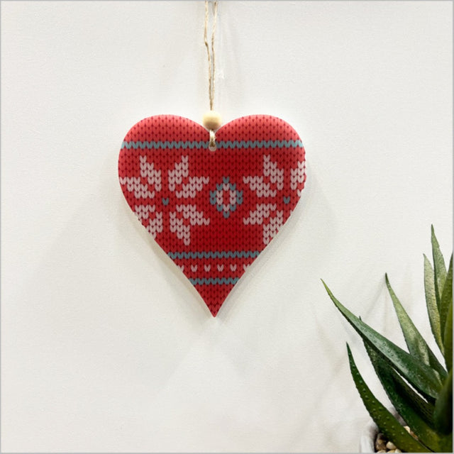 Red knit heart hanging ornament, 6mm satin acrylic, perfect for festive decor or heartfelt gifts.