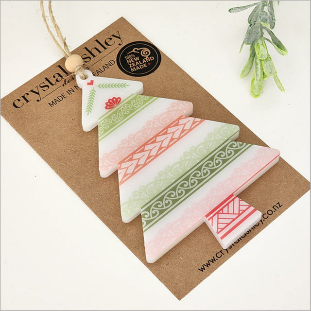 Vibrant printed tree-shaped hanging ornament, 88mm x 125mm, crafted from 6mm thick satin acrylic, perfect for festive decor.