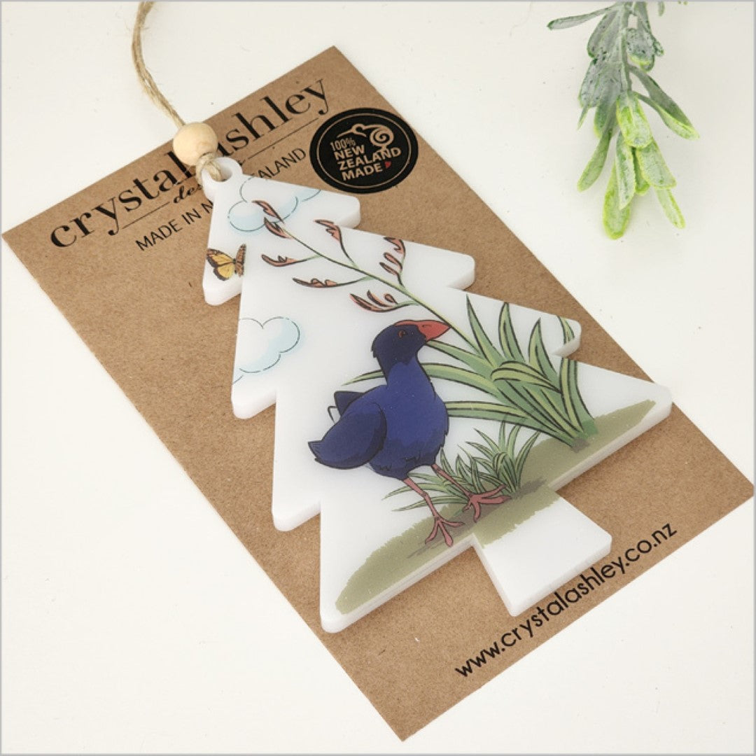 Vibrant Pukeko ornament crafted from satin acrylic, measuring 88mm x 125mm, perfect for festive decor and gifting.