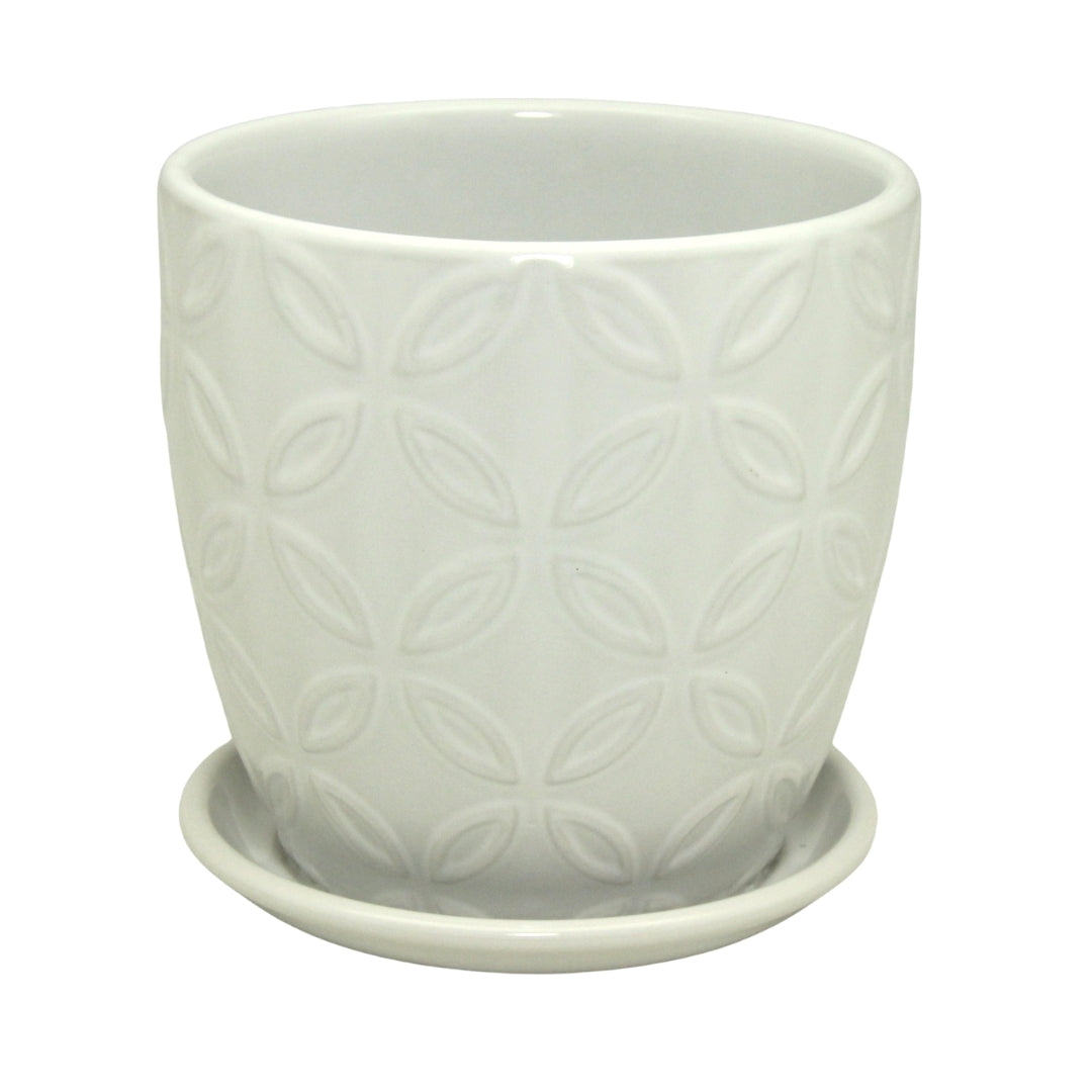White Patterned Ceramic Pot with Drainage Hole and Plate 15x15x15cmH.