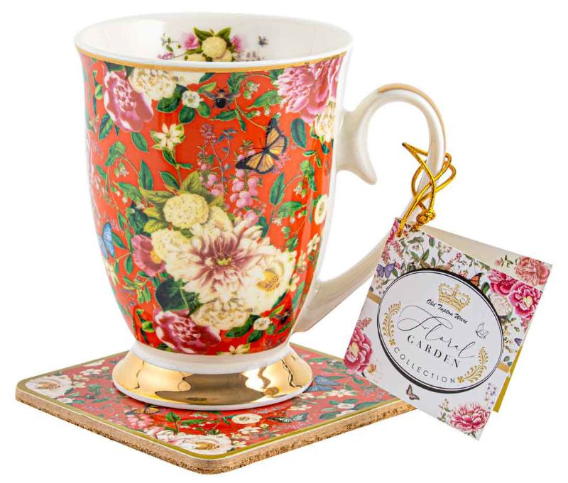 MUG AND COASTER SET - FLORAL GARDEN RED
