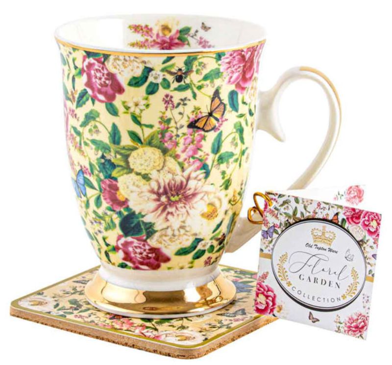 MUG AND COASTER SET - FLORAL GARDEN CREAM
