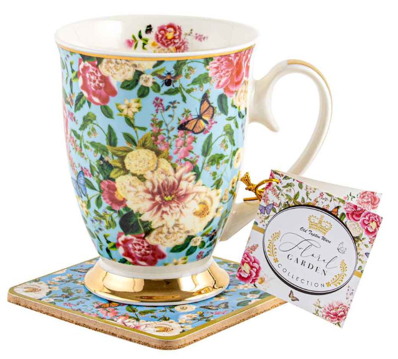 MUG AND COASTER SET - FLORAL GARDEN POWDER BLUE