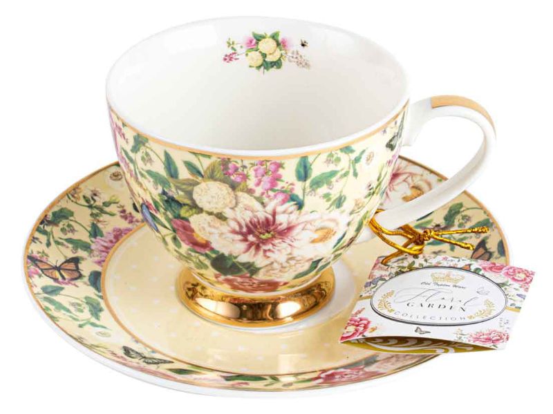 TEACUP AND SAUCER SET - FLORAL GARDEN CREAM