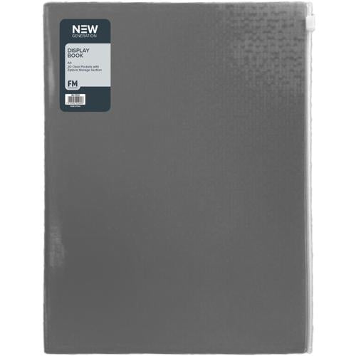 FM Display Book A4 Gunmetal Black 20 Pocket with Zip Storage Pocket