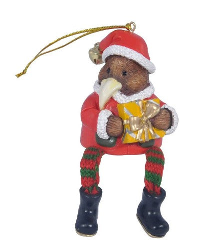 Hanging Ornament - Christmas Kiwi with Gift and Dangling Legs