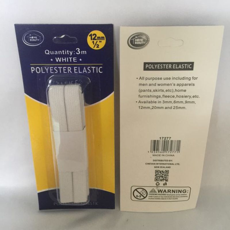 Elastic - Polyester White 3m x 12mm (12 Packs)