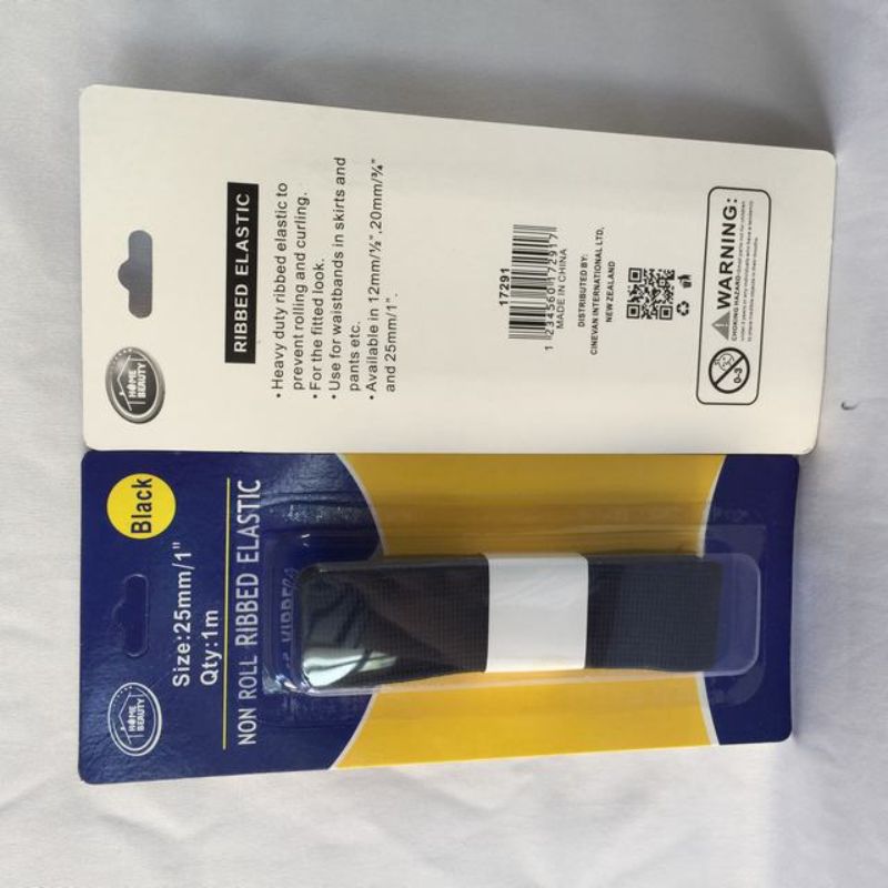 Ribbed Elastic - Polyester Black 1m x 25mm (12 Packs)