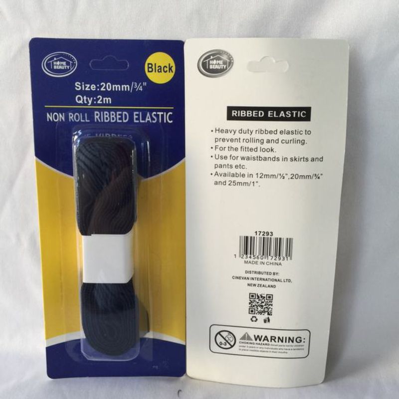 Ribbed Elastic - Polyester Black 2m x 20mm (12 Packs)