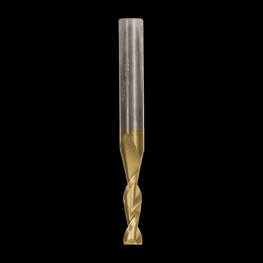 CARBITOOL Finishing Spiral Bit with 2 flutes and tin coating for precision woodworking, ideal for clean finishes in various materials.