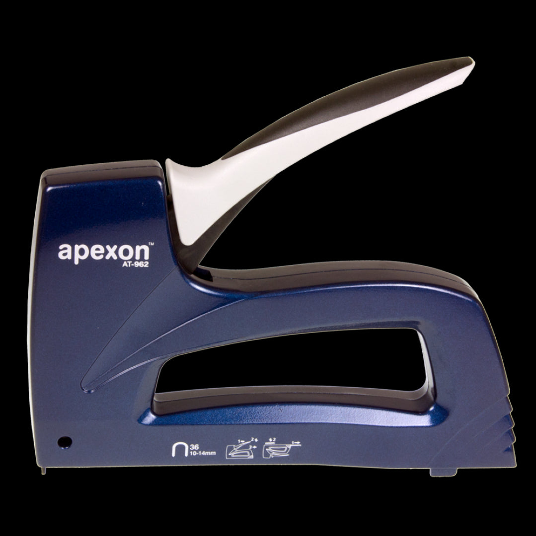 APEXON 6.4mm Heavy Duty Cable Tacker for secure low voltage wiring, featuring ergonomic handle and quick staple loading.