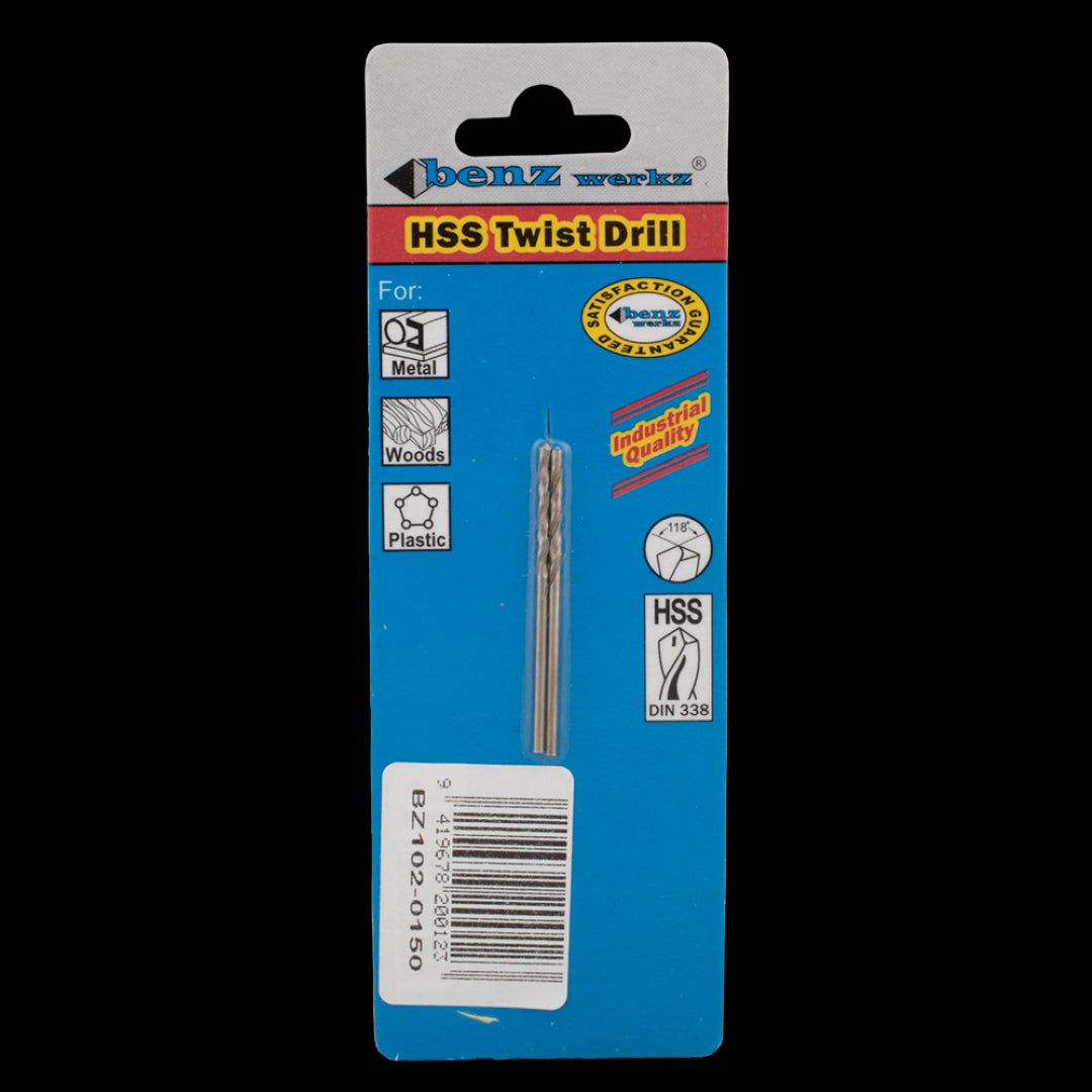 BENZ WERKZ 1.5mm HSS Twist Drill Bit in a 2-pack, designed for precise drilling in metal, wood, and plastic.