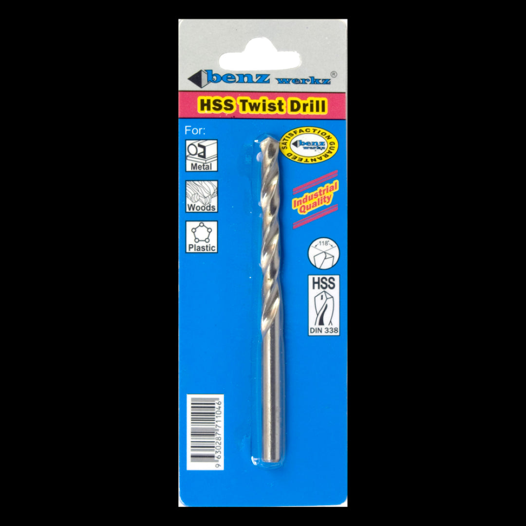 BENZ WERKZ 4.5mm HSS Twist Drill Bit for clean, precise drilling in metal, wood, and plastic with a 118-degree tip angle.