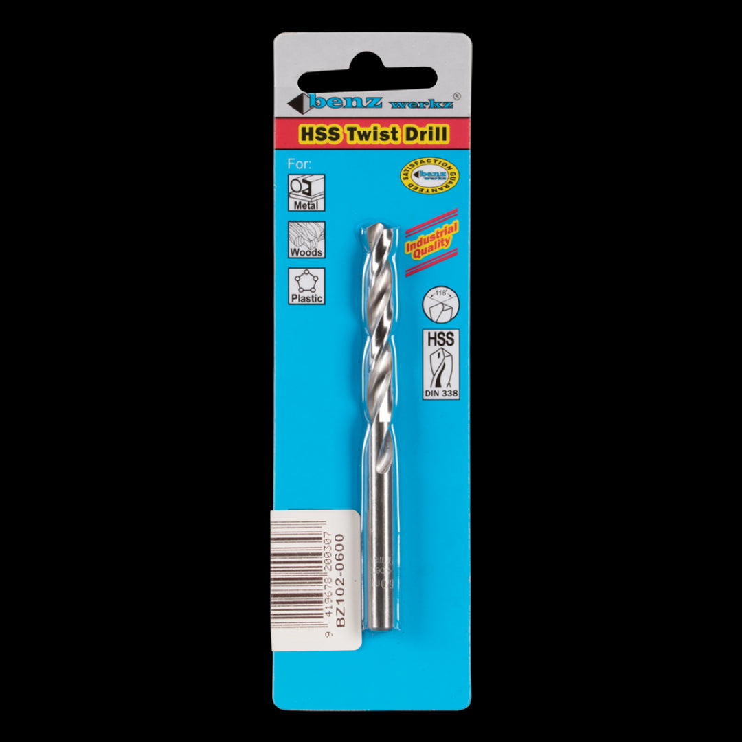 BENZ WERKZ 6mm HSS Twist Drill Bit for precision drilling in metal, wood, and plastic with a durable 118-degree tip angle.