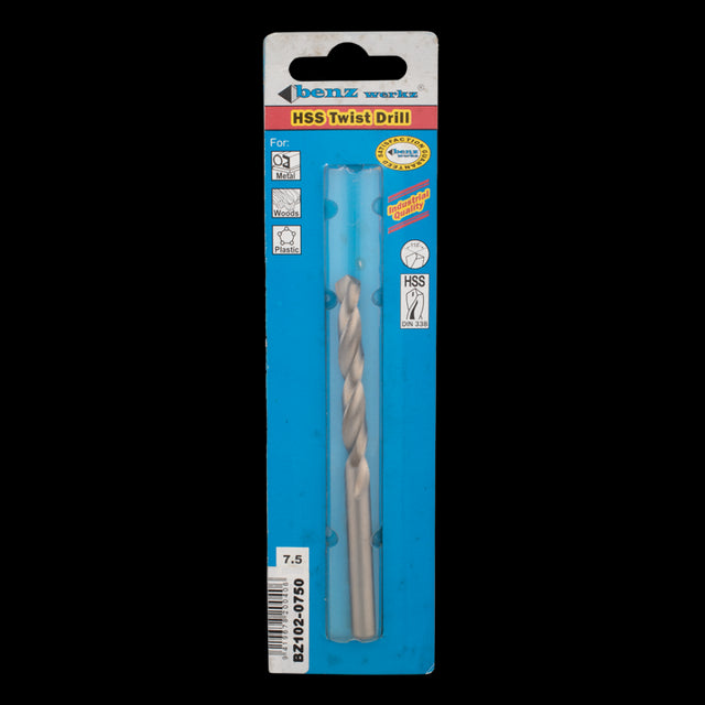 BENZ WERKZ 7.5mm HSS Twist Drill Bit for versatile high-speed drilling in wood, metal, and plastic, ensuring clean holes.