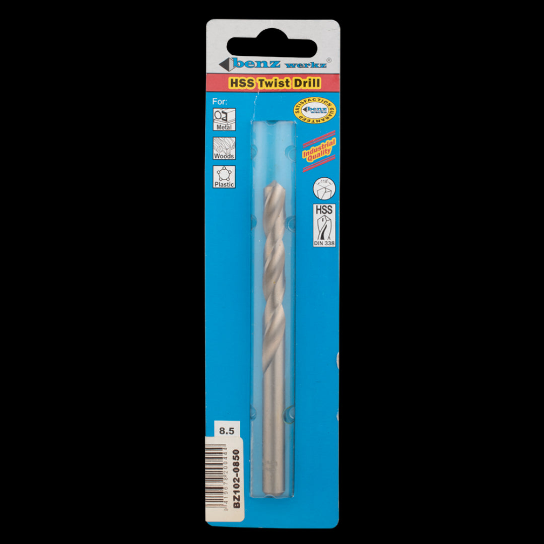 BENZ WERKZ 8.5mm HSS Twist Drill Bit designed for precise drilling in metal, wood, and plastic with a 118-degree tip angle.