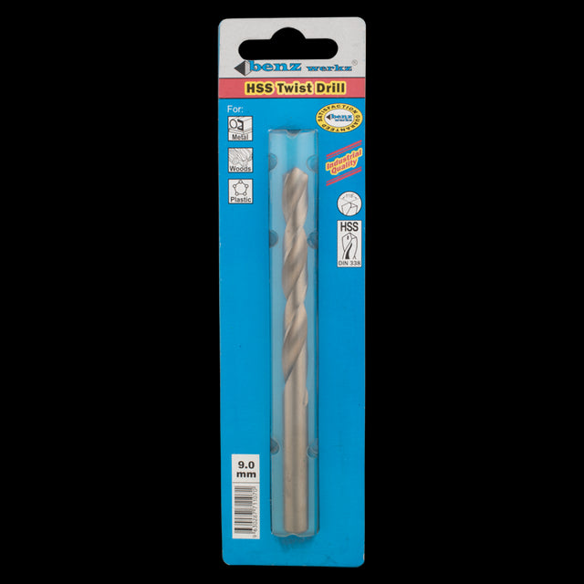 BENZ WERKZ 9mm HSS Twist Drill Bit, premium quality for precise drilling in metal, wood, and plastic with a 118-degree tip.