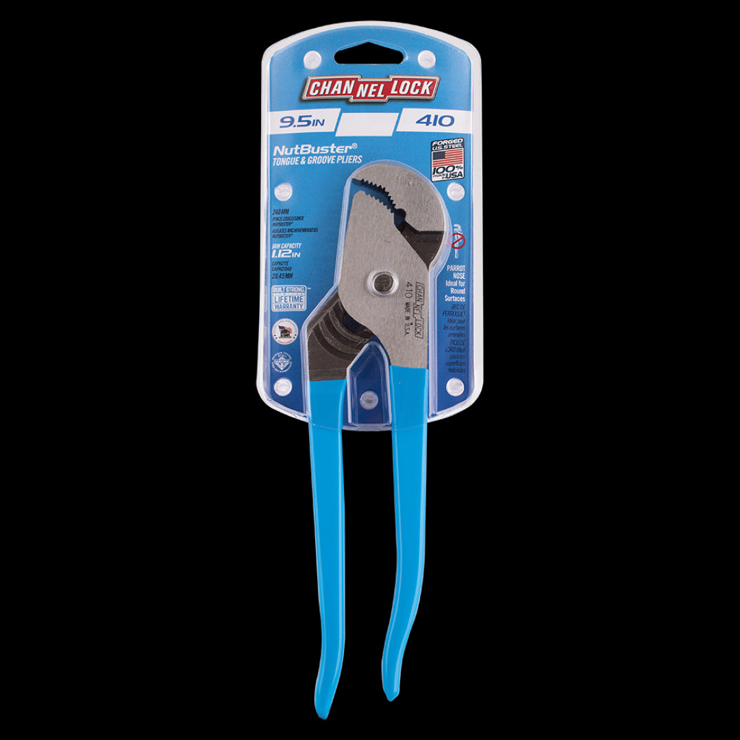 CHANNELLOCK 240mm Nutbuster pliers with parrot jaws for exceptional grip on round surfaces, featuring ergonomic blue grips.