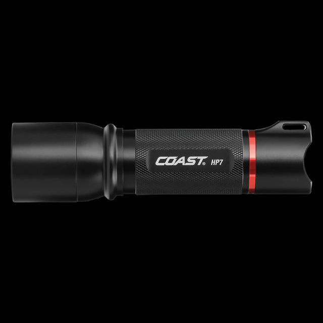 COAST 410lm flashlight with Pure Beam Focusing, delivers 410 lumens, lightweight design for outdoor and emergency use.