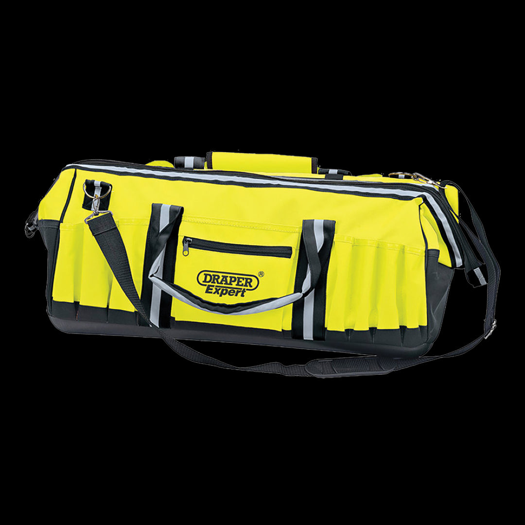 Vibrant orange DRAPER Hi-Viz Tool Bag with multiple pockets for organized tool storage and easy visibility at job sites.