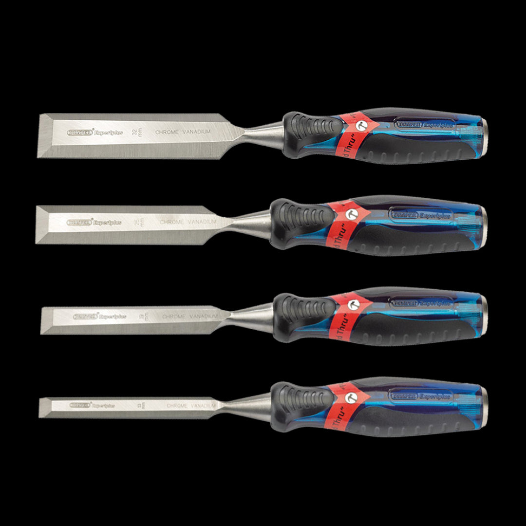 4-piece DRAPER Poundthru Wood Chisel Set featuring chrome vanadium steel blades and soft grip handles for precise woodworking.