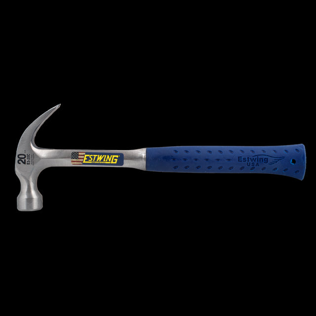 ESTWING 20oz Claw Hammer with solid steel head, Shock Reduction Grip®, and seamless forged handle for durability and comfort.