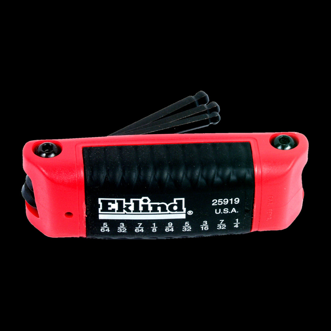9-piece EKLIND Ergo-Fold Ball Key Set featuring durable alloy steel and 30-degree ball end for tight spaces.