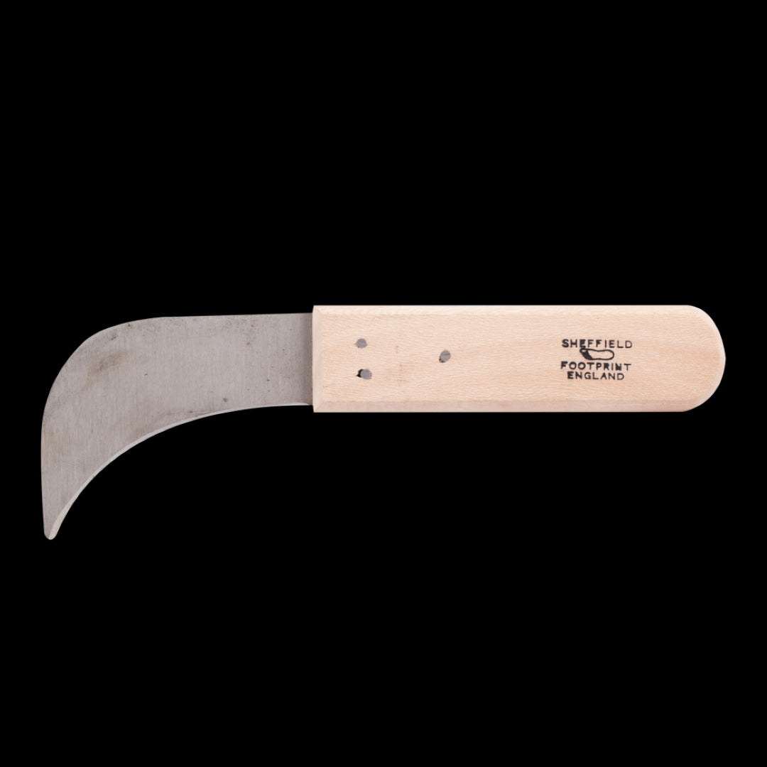 FOOTPRINT Linoleum Knife featuring ergonomic beechwood handle and sharp hooked blade for precise cutting of tough materials.