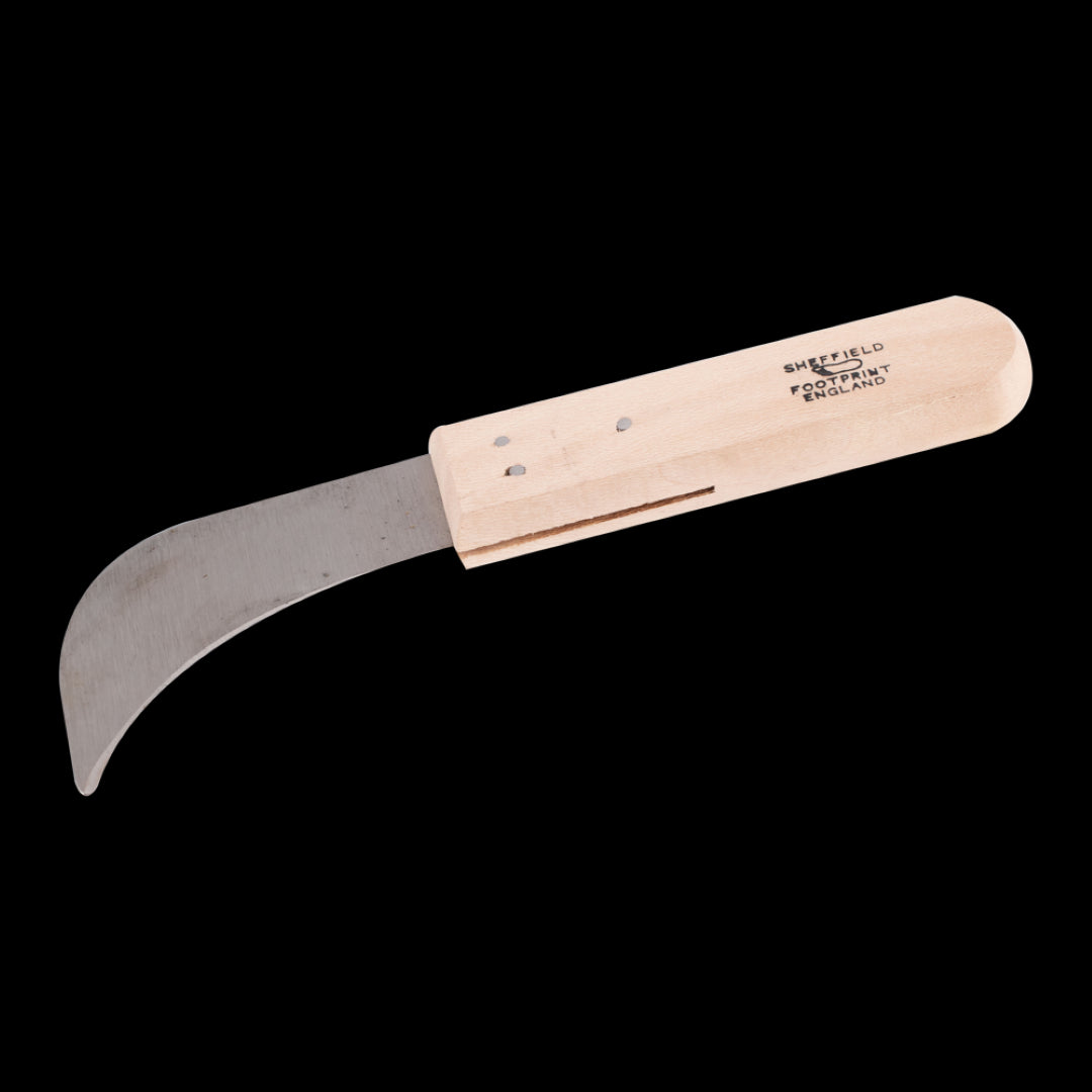 FOOTPRINT Linoleum Knife with ergonomic beechwood handle and hardened hooked blade for precise cutting of tough materials.