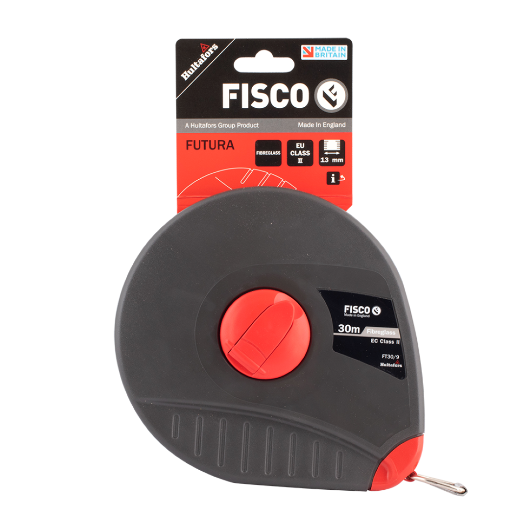 FISCO 30m fibreglass measuring tape with durable design, detailed markings, and ergonomic grip for precise measurements.