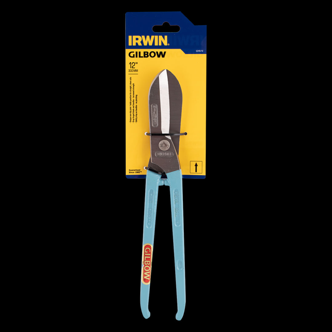 GILBOW 300mm straight tin snips with durable blades for precise sheet metal cutting, featuring a secure non-slip grip.