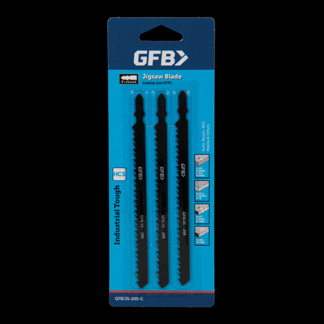 GFB 6tpi Heavy Duty T-Shank Jigsaw Blades in a 3-piece set, designed for precise cuts in wood, laminate, and plastics.