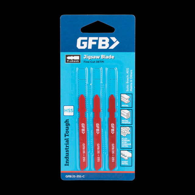 GFB 36tpi Fine Metal Large Jigsaw Blade set for clean, precise metal cuts, crafted from durable high-carbon steel.