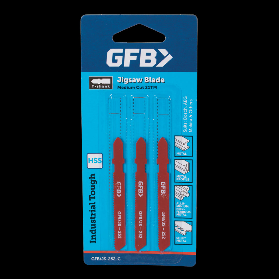 GFB 21tpi Large Jigsaw Blade set for precise metal cutting, ideal for tradespeople and DIY enthusiasts.